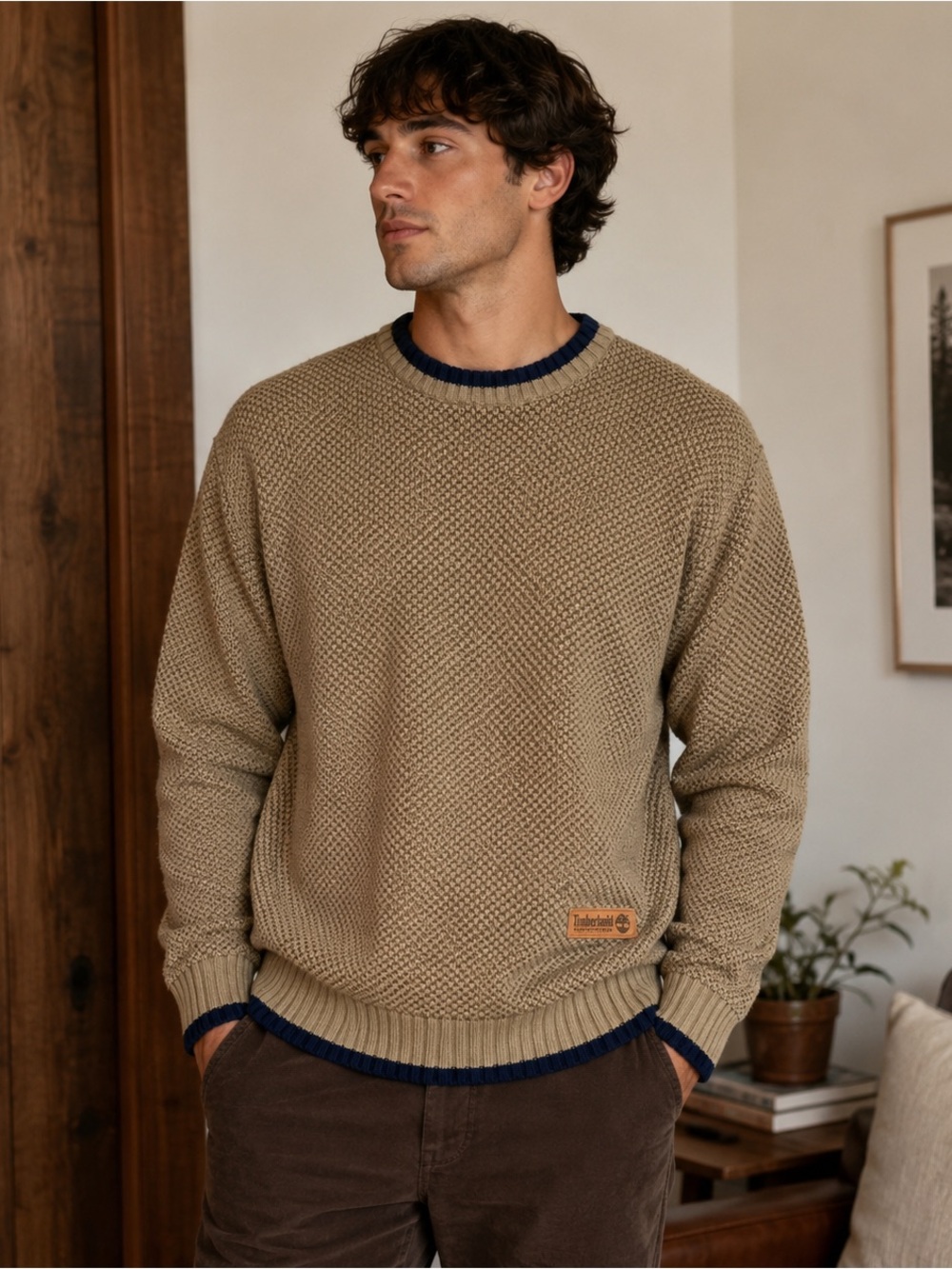 Vintage Timberland Performance Tan Waffle-knit Crewneck Sweater with Navy Trim
